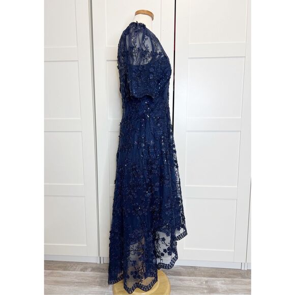Teri Jon By Rickie Freeman Womens Blue 3D Embroidered Lace Midi Dress Size 14 - Picture 4 of 8